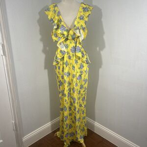 Asos Dress Womens 14 Floral Yellow Satin Midaxi Multi‎ Flutter Sleeves Y2K